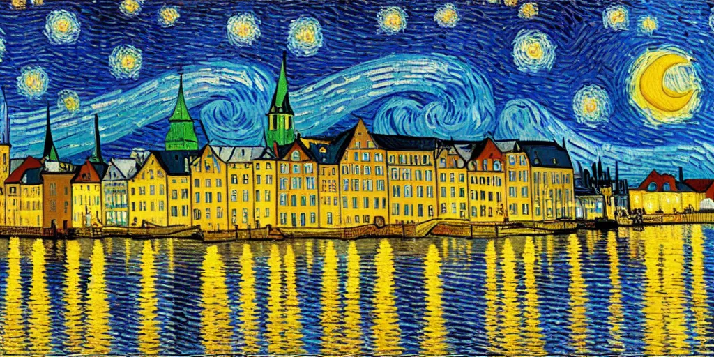 Image similar to a painting of the city of Rostock in the style of Vincent van Gogh, starry night, blue and yellow, sharp, 8k-resolution, highly-detailed, award-winning,