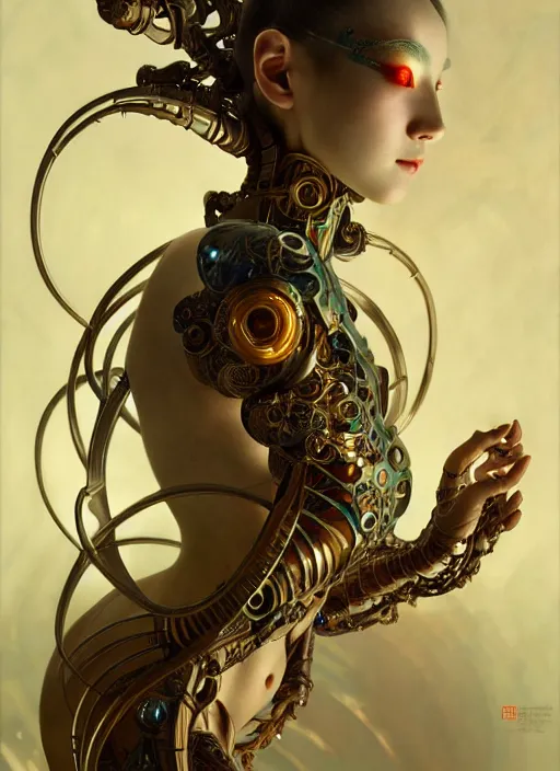 Image similar to organic cyborg, ming dynasty porcelain, diffuse lighting, fantasy, intricate, elegant, highly detailed, lifelike, photorealistic, digital painting, artstation, illustration, concept art, smooth, sharp focus, art by John Collier and Albert Aublet and Krenz Cushart and Artem Demura and Alphonse Mucha