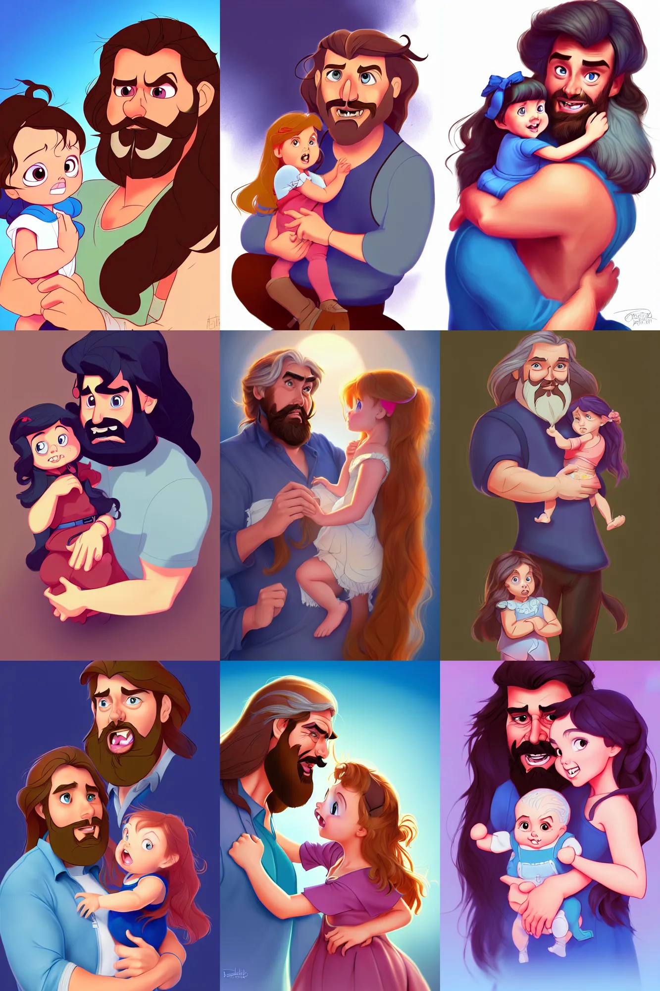 Image similar to a long - haired bearded father and his child toddler girl full color digital illustration in the style of don bluth, artgerm, artstation trending, 4 k