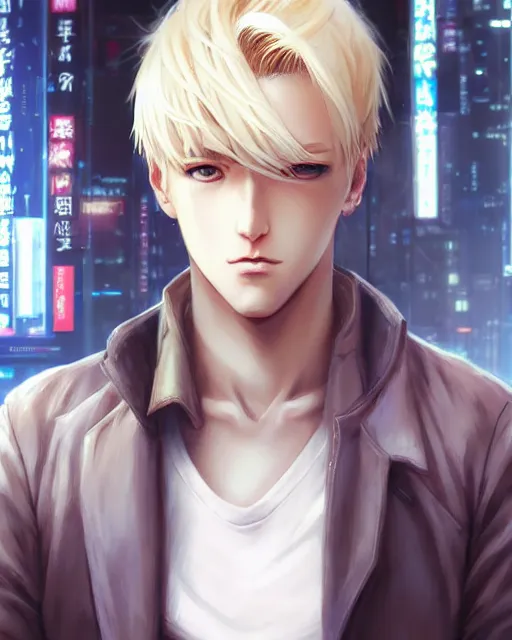 Image similar to portrait Anime Blonde Guy Short Hair Sharp fine face, pretty face, realistic shaded Perfect face, fine details. Anime. cyberpunk realistic shaded lighting by katsuhiro otomo ghost-in-the-shell, magali villeneuve, artgerm, rutkowski Jeremy Lipkin and Giuseppe Dangelico Pino and Michael Garmash and Rob Rey