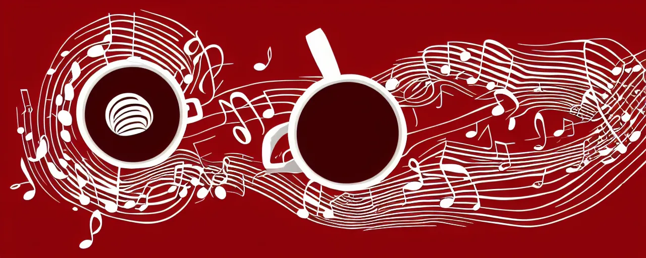 Image similar to coffee and music, line art, vector, logo, simple, red and white,