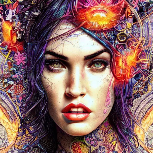 Image similar to portrait of megan fox, hyper detailed masterpiece, neon floral pattern, jean giraud, digital art painting, darkwave goth aesthetic, psychedelic, artgerm, donato giancola and tom bagshaw