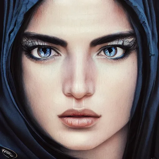 Image similar to greek ameera al taweel , blue eyes, black hair, beautiful face, white viel, Hyper-realistic, Highly Detailed, HD, by Brom, by beeple, studio ghibli, wallpaper, highly detailed, trending on artstation