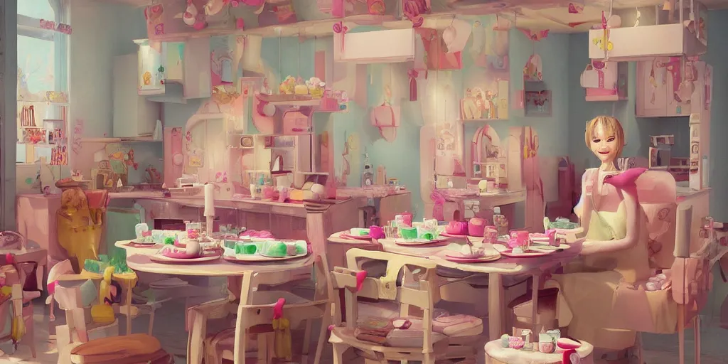 Prompt: a little smile in a house made of cake, the walls in biscuits, a chair in strawberry cake, the table in cake, kawaii, chris moore, trend on artstation