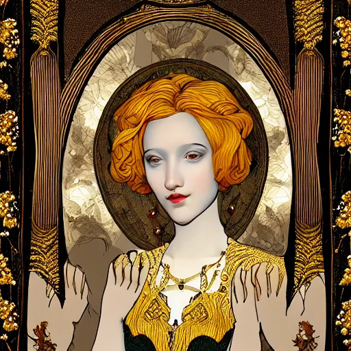 Image similar to a beautiful girl made of ivory and gold, highly intricate, digital art, very detailed, in the style of a weird and dark eerie liminal art nouveau flemish painting, 8k, dark