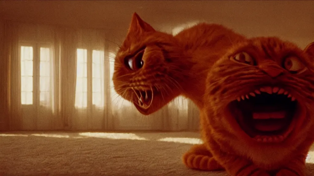 Image similar to a strange Garfield crawls on the living room ceiling, film still from the movie directed by Wes Anderson with art direction by Zdzisław Beksiński, wide lens