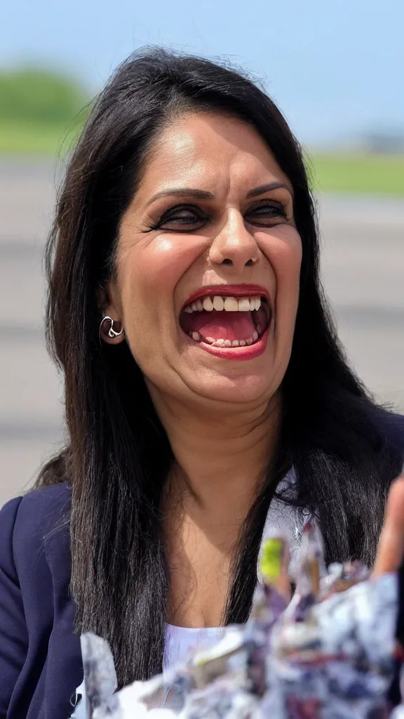 Prompt: priti patel laughing evilly while watching a plane take off at heathrow