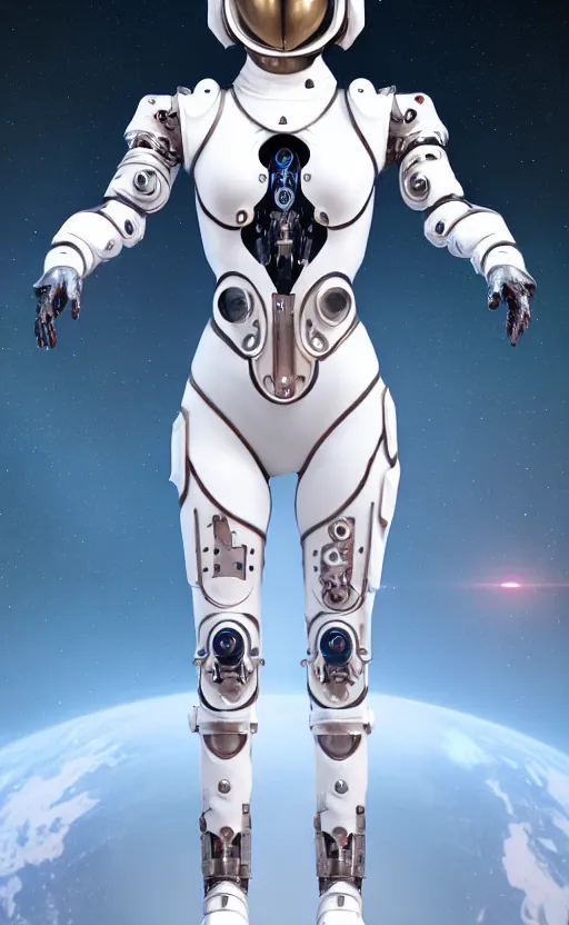 Prompt: ornate beautiful hourglass feminine white cyborg in full body skin space suit, helmet, concept art, joshua rife, photoshoot, intricate, highlydetailed, space background, artstation 4 k raytracing, shadows, highlights, illumination