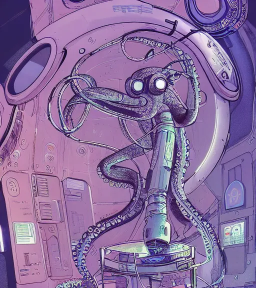 Image similar to a cybernetic realistic octopus in a space station, techwear, Industrial Scifi, detailed illustration, character portrait, by Martin Grip and Moebius