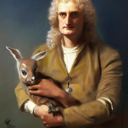 Prompt: portrait of isaac newton holding a baby kangaroo, artwork by gaston bussiere, craig mullins, trending on artstation