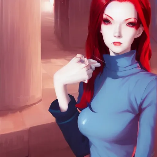 Image similar to beautiful pale vampire with red hair in a white turtleneck dress, arguing with a small blue godzilla on a super yacht, by guweiz and wlop and ilya kuvshinov and artgerm, symmetrical eyes, aesthetic, gorgeous, stunning, alluring, attractive, artstation, deviantart, pinterest, digital art