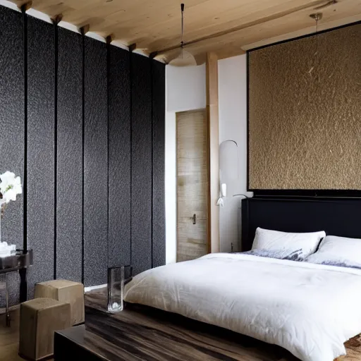 Image similar to bedroom, stone, interior design, stylish luxury hotel bedroom design, yakisugi, black vertical slatted timber, textures, feminine, black walls, art, vase with flowers, Japanese influences