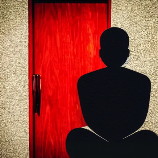 Prompt: a dark figure sitting in front of a door holding a key