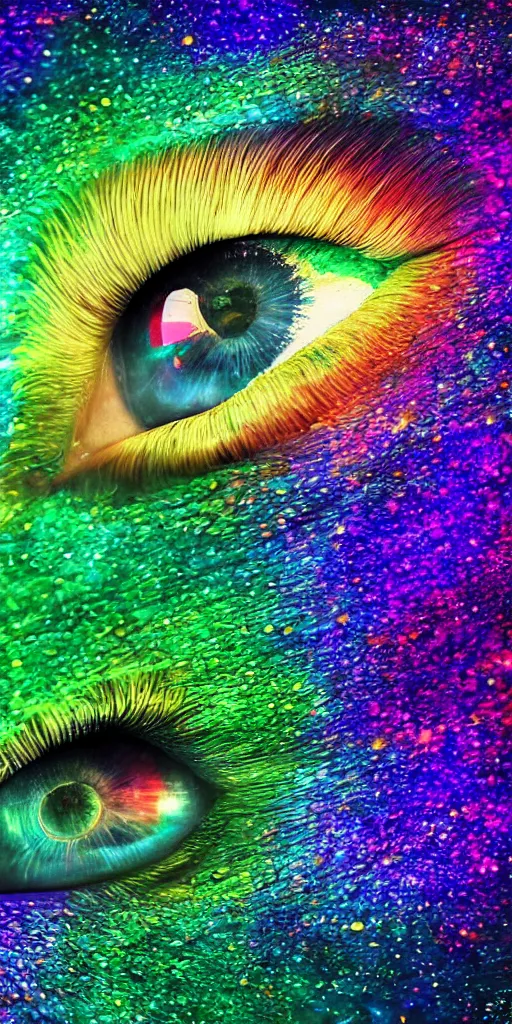 Prompt: hyper realistic photo of beautiful green eye reflecting a sky full of a billion rainbow stars, hyper realistic, fractal art, art station, coherent design, symmetrical, vivid colour, complementary colour, golden ratio, detailed, sharp lines, intricate, rainbow shift, in unreal 3 d engine, ray tracing, octane render