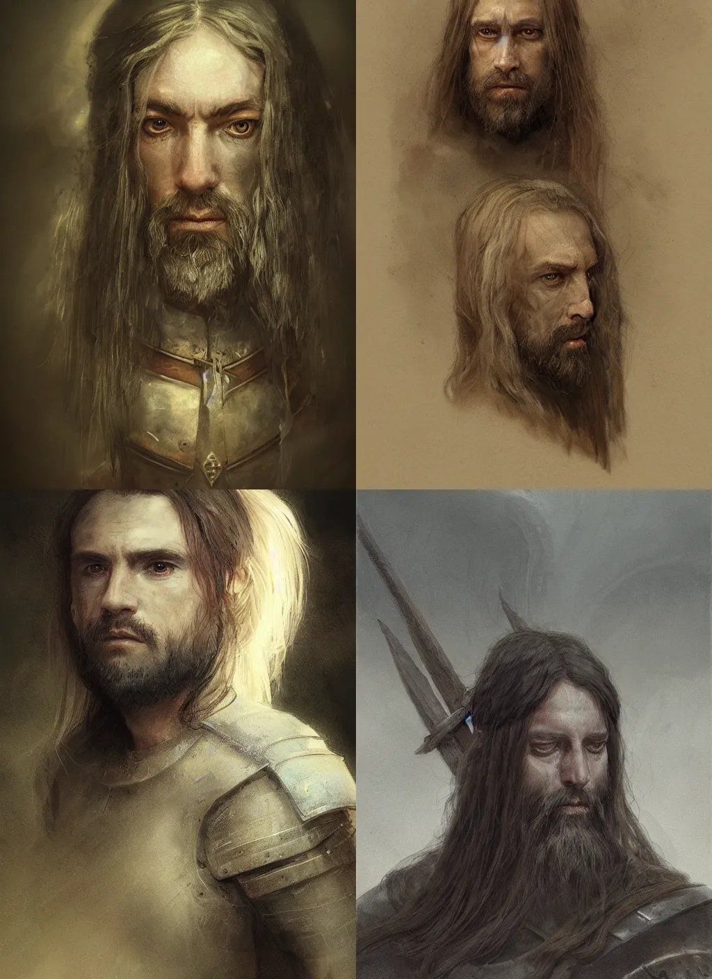 Prompt: portrait of a gentle and wise knight with long hairs in alan lee and marc simonetti and emil melmoth style , cinematic lighting