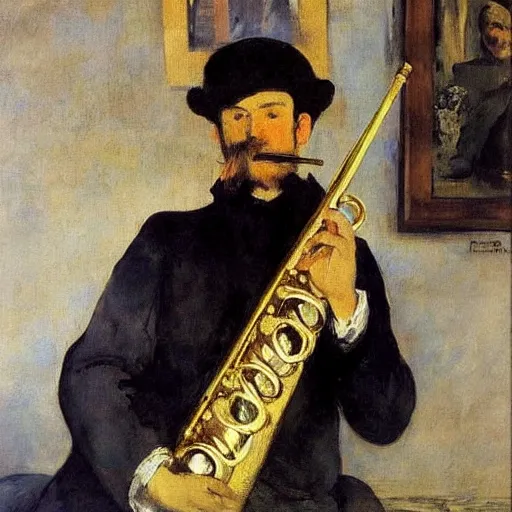 Image similar to an oil painting of a rich flute player by Manet