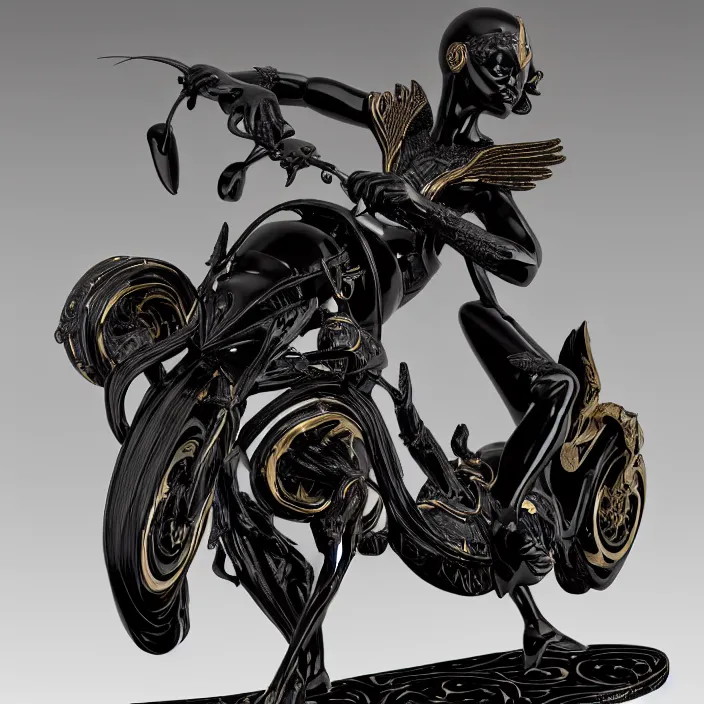 Prompt: fine art statue of masculine black egyptian god on a surrealist motorbike, ebony art deco, carved black marble, inlaid with ebony and gold accents, ebony rococo, wings black lace wear, sculpted by spider zero, zaha hadid, beautifully lit, hyper detailed, intricate, elite, ornate, photorealistic, micro details, 3 d sculpture, ray trace