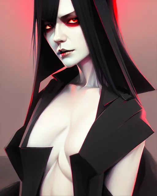 Image similar to sharp hq rendering, dark vampire, character portrait, concept art, painterly, fanart, highly detailed in the style of wlop by ilya kuvshinov, wenjun lin, angular asymmetrical design