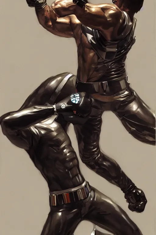 Prompt: a study of Adam Jensen punching a cyborg, gouache painting by J. C. Leyendecker and steve huston