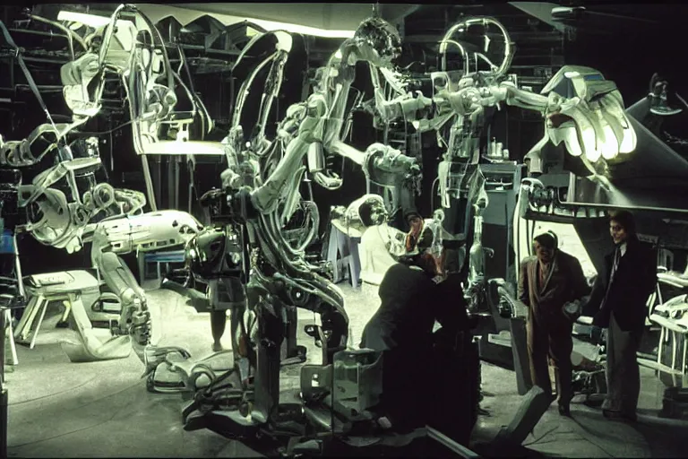 Image similar to a futuristic film studio with robot technicians preparing a scene with frightened human beings by Stanley kubrick, sci-fi, color vibe, reimagined by industrial light and magic