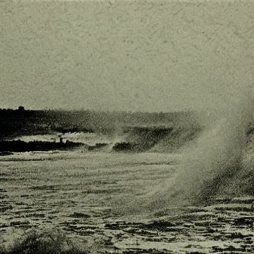 Image similar to grainy 1800s photo of a huge tidal wave of mud about to engulf a city