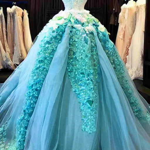 Image similar to full view, a beautiful full detailed ocean inspired wedding dress, put on a mannequin