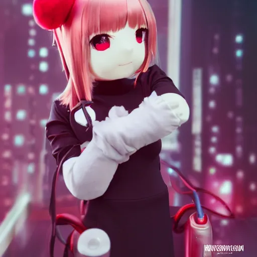 Image similar to cute fumo plush of a girl with prosthetic mechanical arms, red velvet, bokeh, cyberpunk anime girl, vray