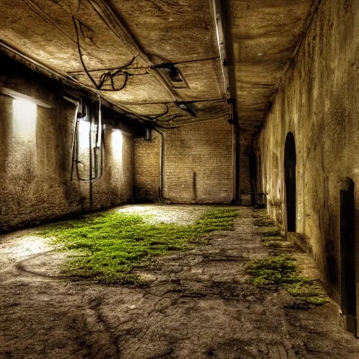 Image similar to you wake up on a cold bench, you look around. you find out that you are locked inside a musky cold abounded cellar with vines, moss and mushrooms growing around you, realistic, hdr, clear image, hdd, rtx on, dynamic lighting,