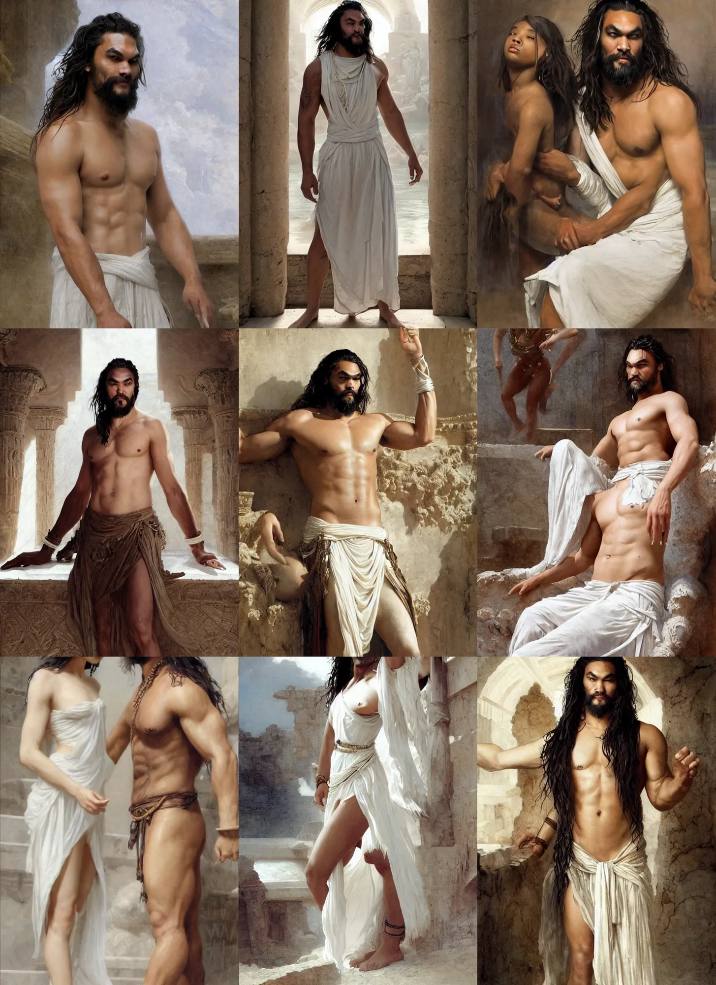 Prompt: jason momoa with willow smith in ancient assyrian palace, white dress and barechest, intricate, elegant, highly detailed, artstation, concept art, sharp focus, ruan jia, jurgens, orientalism, bouguereau