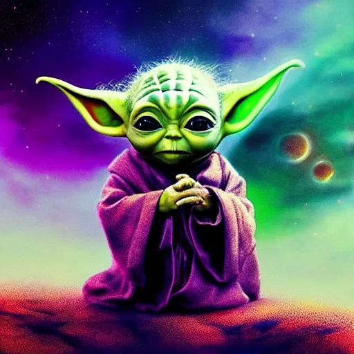 Prompt: baby yoda experiencing the quantum field, tim burton comic book art, beautiful cosmic neural network, highly detailed, adorable, realistic, trending on artstation, bob ross matte painting, galactic landscape, physics splashes of colors, sharp focus, depth of field