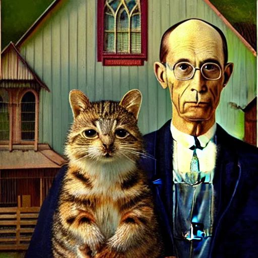 Image similar to portrait painting of cat and quokka in the style of american gothic