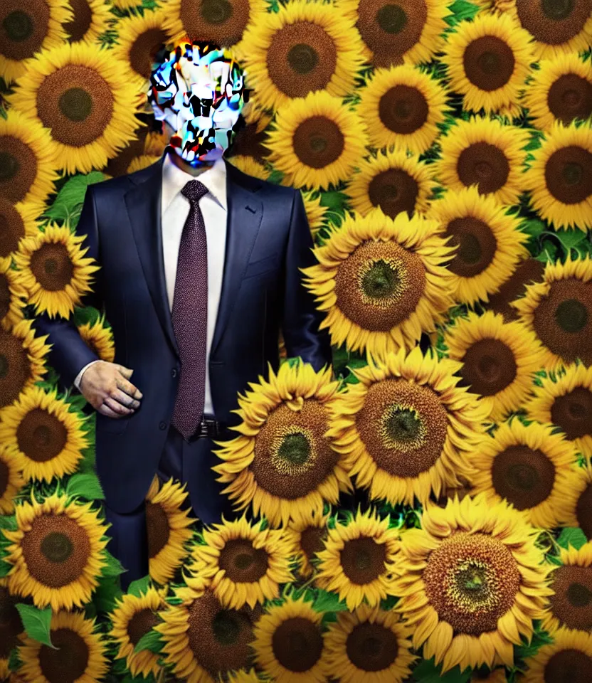 Image similar to photo portrait of Vladimir Putin - sunflowers - dressed in leisure suit with sunflower pattern and tombstone for a tie, natural skin tone, highly detailed realistic flowers ornament on suit, facial wrinkles and brows are intricate with highly detailed realistic flowers, elegant, Realistic, Refined, Highly Detailed, natural soft pastel lighting colors scheme, fine art photography by Cecil Beaton, volumetric lighting, hyper realistic photography