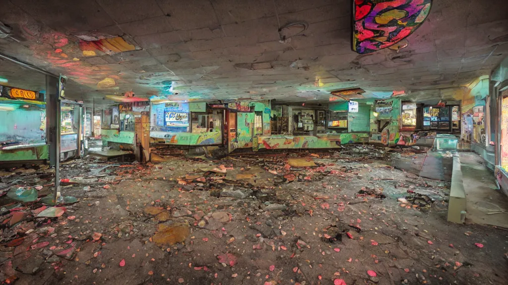 Image similar to psychedelic immaculate dogwood abandoned fastfood restaurant, postapocalypse, cinematic