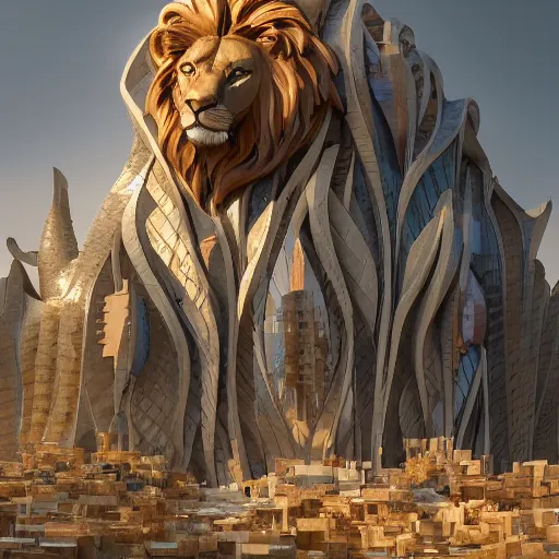 Prompt: lion in the style of gehry and gaudi, ultra detailed, digital painting, trending artstation, concept art, illustration, cinematic lighting, photorealism, epic, octane render