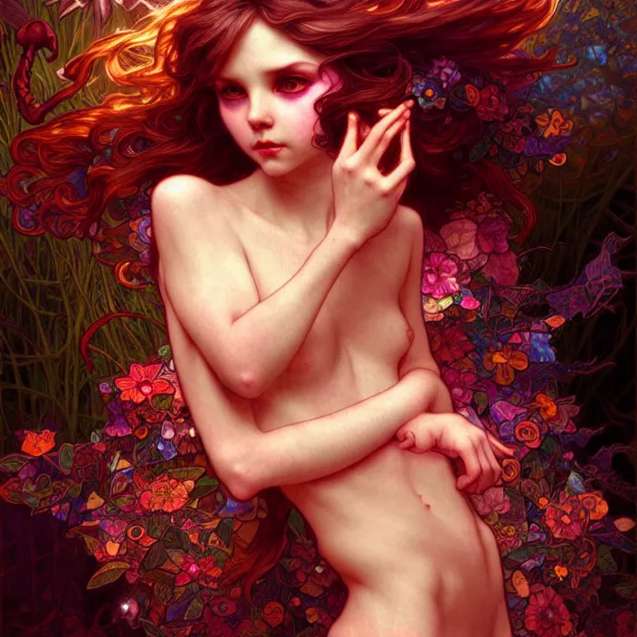 Prompt: psychedelic cute little demon, diffuse lighting, fantasy, intricate, elegant, highly detailed, lifelike, photorealistic, digital painting, artstation, illustration, concept art, smooth, sharp focus, art by John Collier and Albert Aublet and Krenz Cushart and Artem Demura and Alphonse Mucha