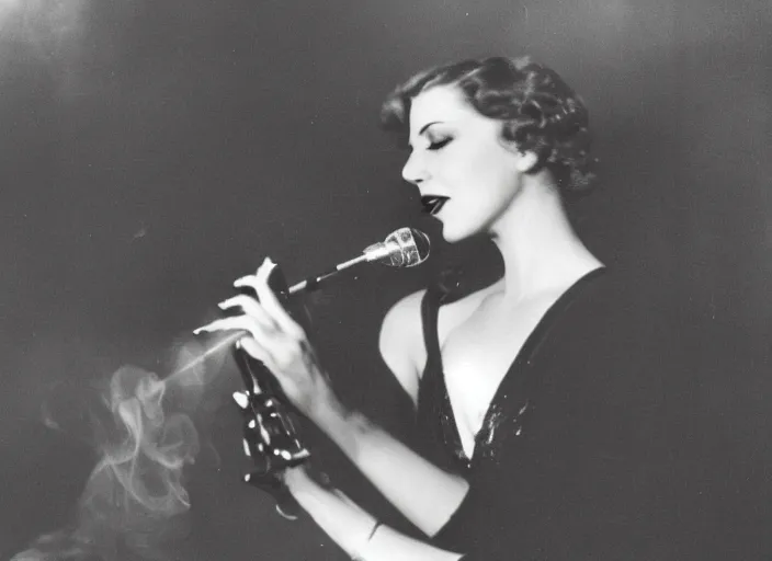 Image similar to a close up photograph of a singer on stage, with her back behind her, 1 9 3 0 s jazz club, smoke - filled room