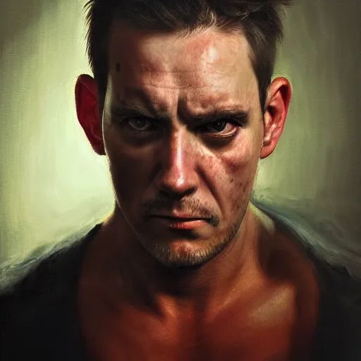 Prompt: high quality high detail painting by juan francisco casas, hd, portrait of a dangerous psychopath, intense demonic look in the eyes, photorealistic lighting