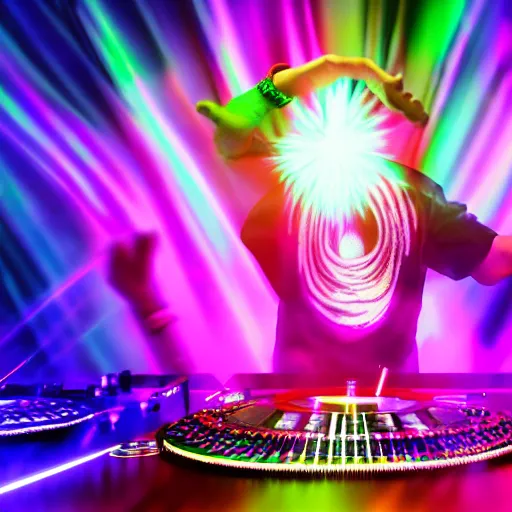 Prompt: focused shot of a wizard DJing a dance party, psychedelic colors, hyper realistic, 4k render