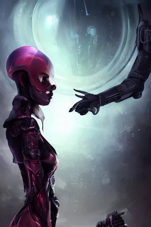 Image similar to beautiful ultra realistic, technology, battle ready grim reaper queen, retrofuturism, highly detailed, artgerm, artstation, deviantart, black, red, malicious, dark, extreme closeup three-quarter android portrait, tilt shift LaGrange point orbit background, three point perspective, focus on portrait of two androids; pointé pose; eye contact, kinemacolor, soft lighting