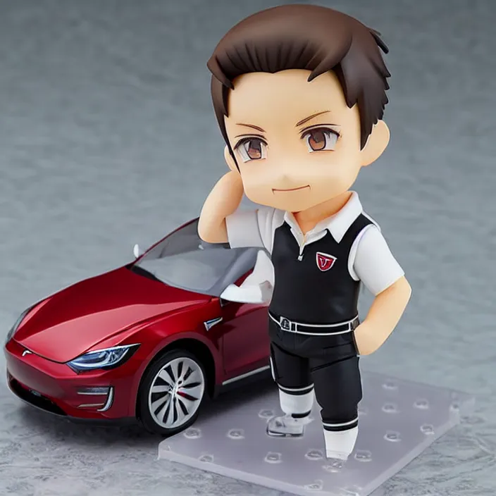 Prompt: a anime nendoroid of elon musk wear white polo and black shoe, car tesla 3, figurine, product photo, detailed