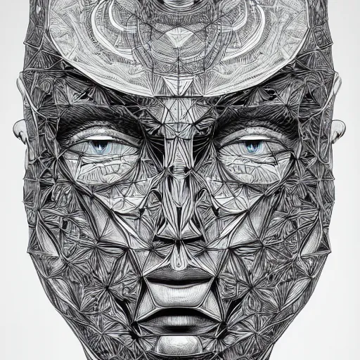 Image similar to Geometrically surreal Artificial Intelligent Faces, extremely high detail, photorealistic, intricate line drawings, dotart, album art in the style of James Jean