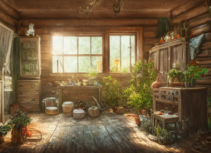 Image similar to rustic oil painting, interior view of a cluttered herbalist cottage, waxy candles, wood furnishings, herbs hanging, light bloom, dust, ambient occlusion, rays of light coming through windows, oil painting