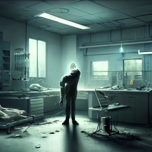 Image similar to confused patient holding a knife in an abandoned cyberpunk medical lab, ultra realistic, concept art, intricate details, eerie, highly detailed, photorealistic, octane render, 8k, unreal engine, art by Ben Evrard