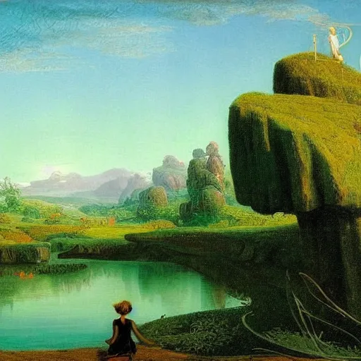 Prompt: A beautiful kinetic sculpture of a landscape. It is a stylized and colorful view of an idyllic, dreamlike world with rolling hills, peaceful looking animals, and a flowing river. The scene looks like it could be from another planet, or perhaps a fairy tale. by Caspar David Friedrich, by Charles Willson Peale lines