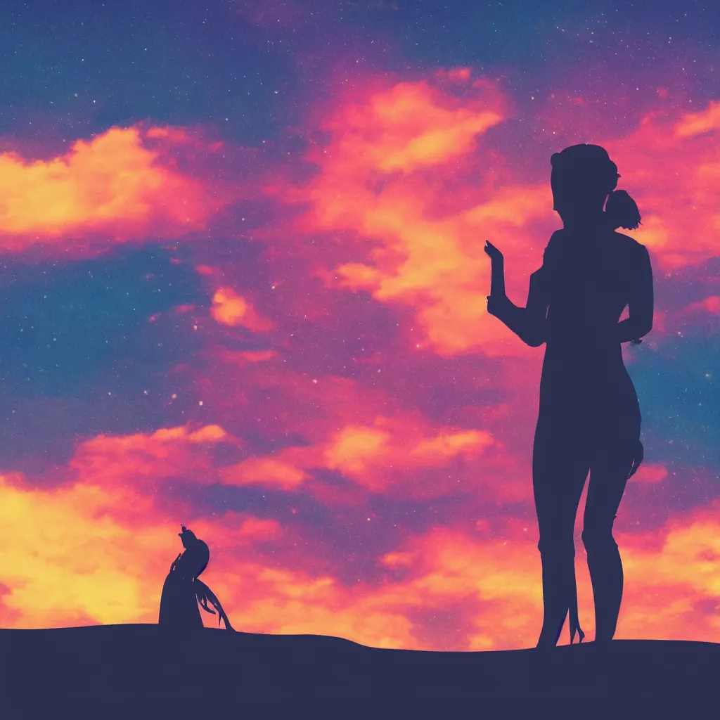 Prompt: woman ninja silhouette, neon road, stary sky, retrowave sunset, movie poster