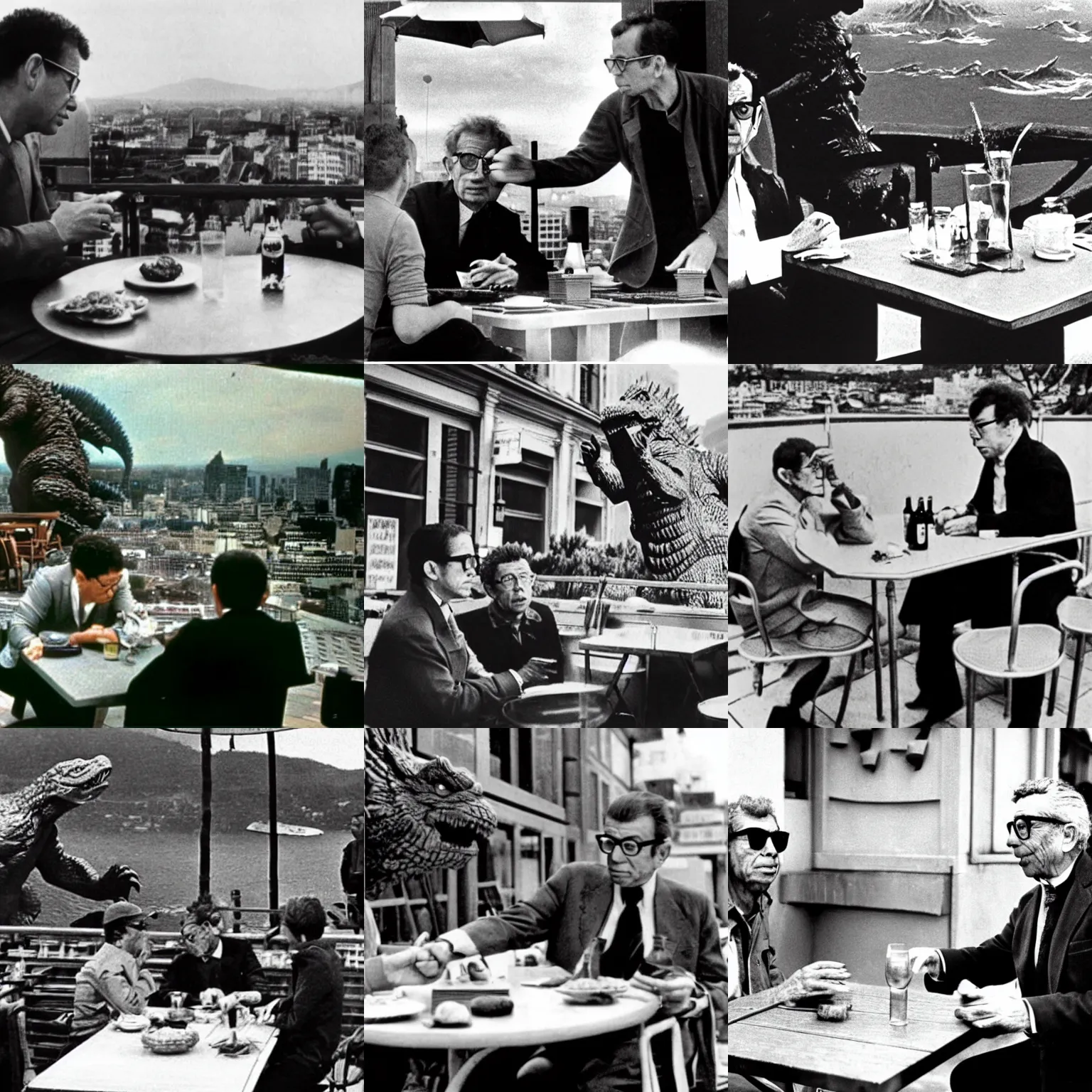 Prompt: scene of the godzilla movie by jean - luc godard, featuring godzilla seated at a the terrace of a parisian cafe with jean - paul sartre. godzilla is in front of a table and drinks a glass of wine. he talks about existentialism with jean - paul sartre