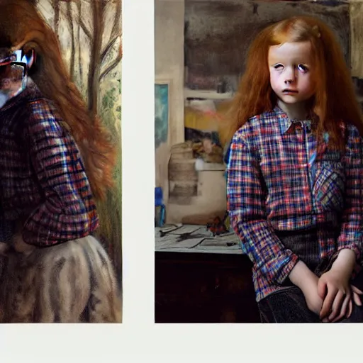 Prompt: extraordinary portrait : 4 0 - year - old sadie sink in a checked shirt, modern hairstyle. in her art studio. 1 9 9 0 s. precise detail. art by anders zorn, wonderful masterpiece by greg rutkowski, beautiful cinematic light, american romanticism by greg manchess, jessica rossier