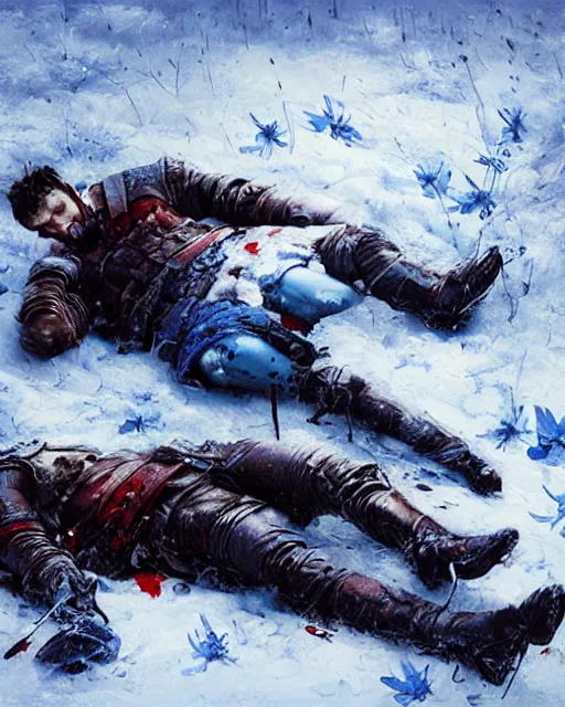 Prompt: Highly realistic oil painting of a wounded knight lying in the snow, surrounded by blue flowers, blood on flowers, by greg rutkowski, highly detailed, cinematic lighting, moody, dark