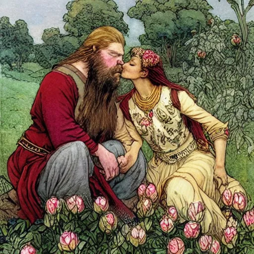 Image similar to a white skinned red bearded viking and a beautiful brown skinned indian princess kiss in a field of peonies, masterpiece, highly detailed, art by rebecca guay