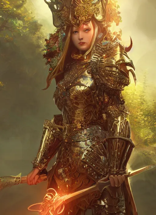 Image similar to Beautiful art portrait of a female fantasy queen in plate armour in a bright temple surrounded by lush forest, atmospheric lighting, intricate detail, cgsociety, hyperrealistic, octane render, RPG portrait, ambient light, dynamic lighting, anime style